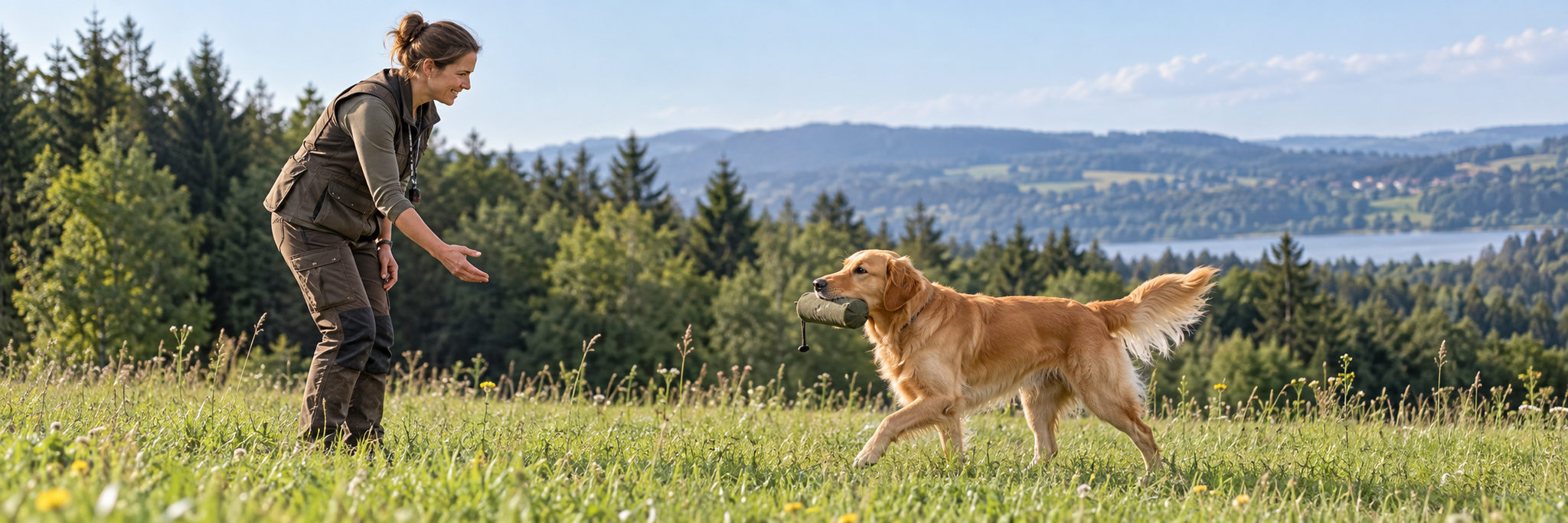 Retriever bringt einen Dummy zu seiner Hundeführerin