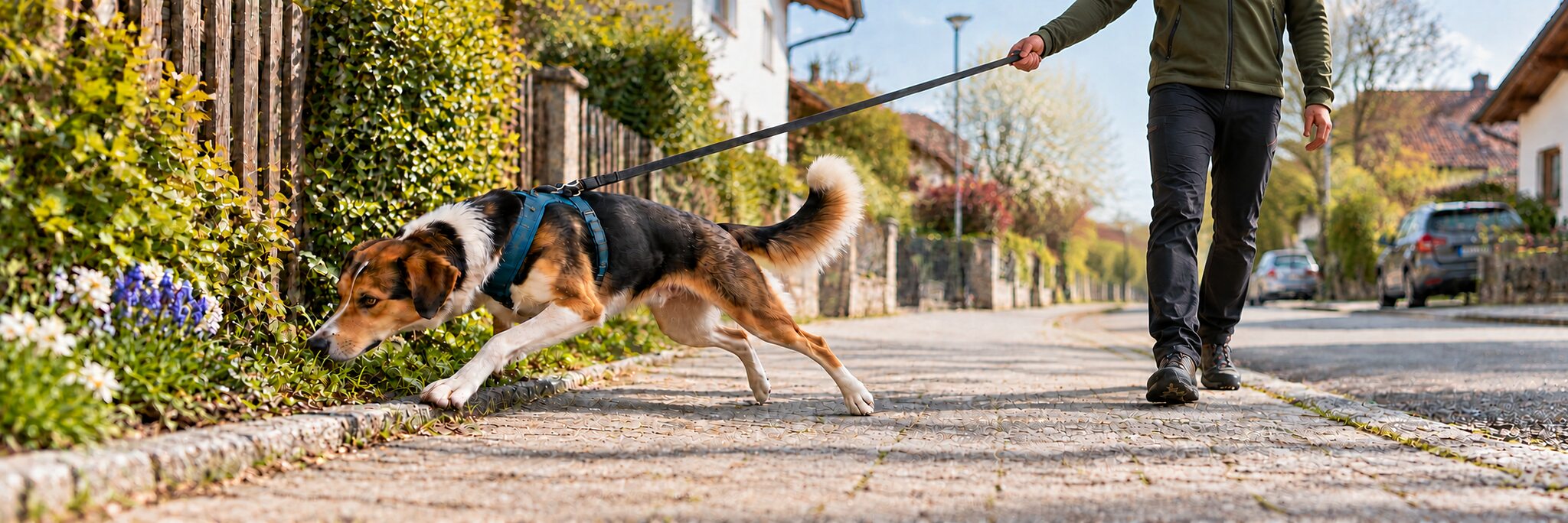 Hund zieht in einer Wohngegend an gespannter Leine zu einem Vorgarten